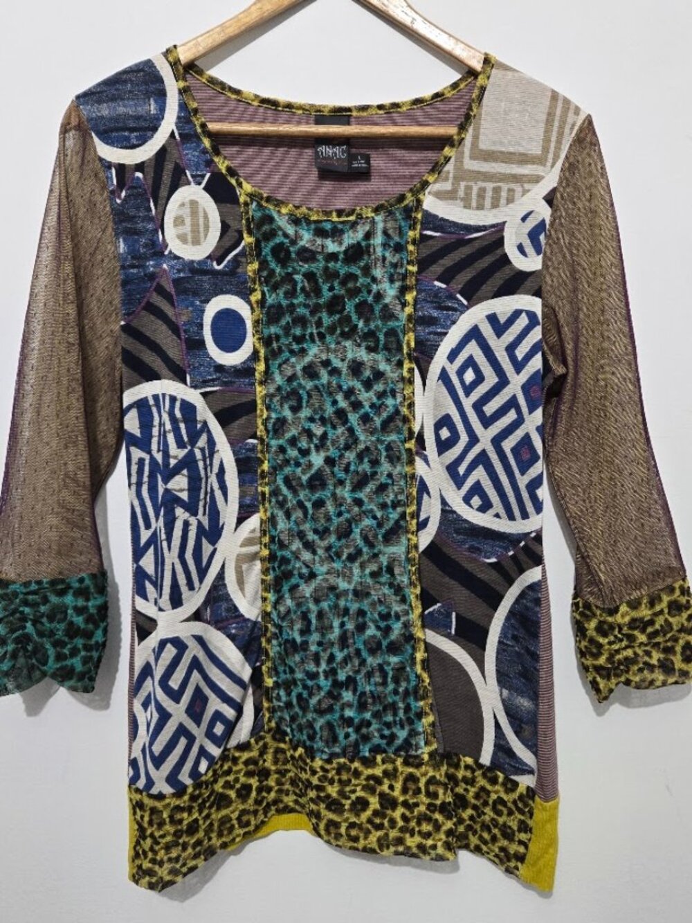 ANAC by Kimi Mixed Print Sheer Mesh Artsy Whimsy Top Size L Leopard 3/4 Sleeve